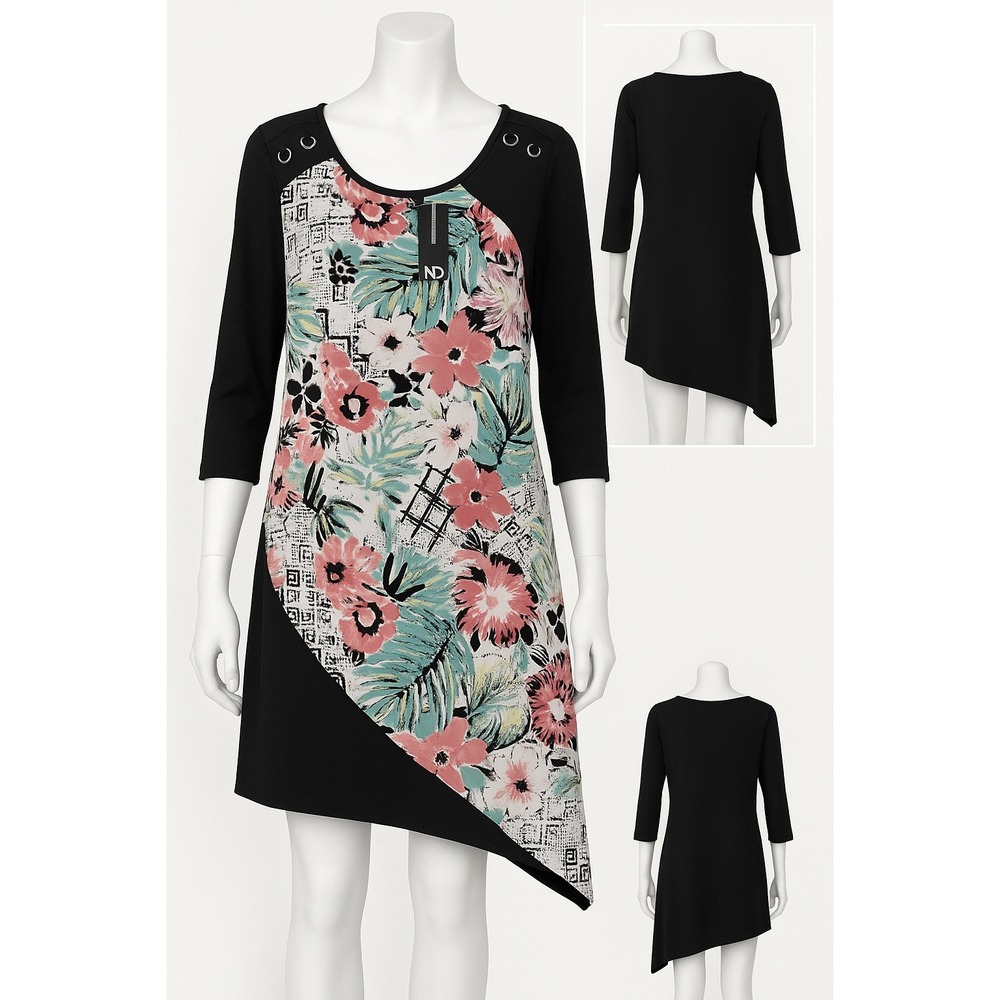 New Directions XL Floral Asymmetrical Tunic Dress Black/Multicolor 3/4 Sleeves
